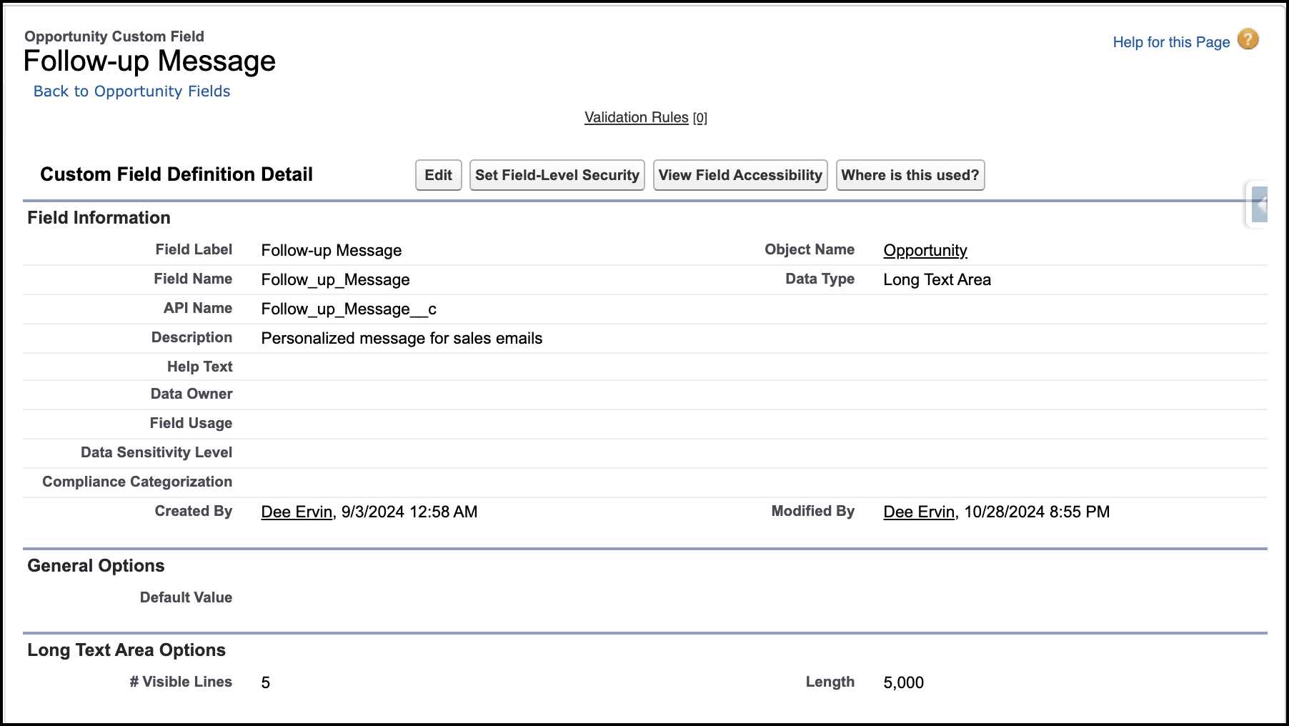 Opportunity custom field screen within the Setup UI.