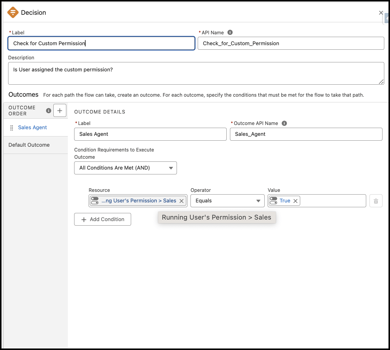 Decision element to check that the Sales custom permission is assigned to the logged-in user.