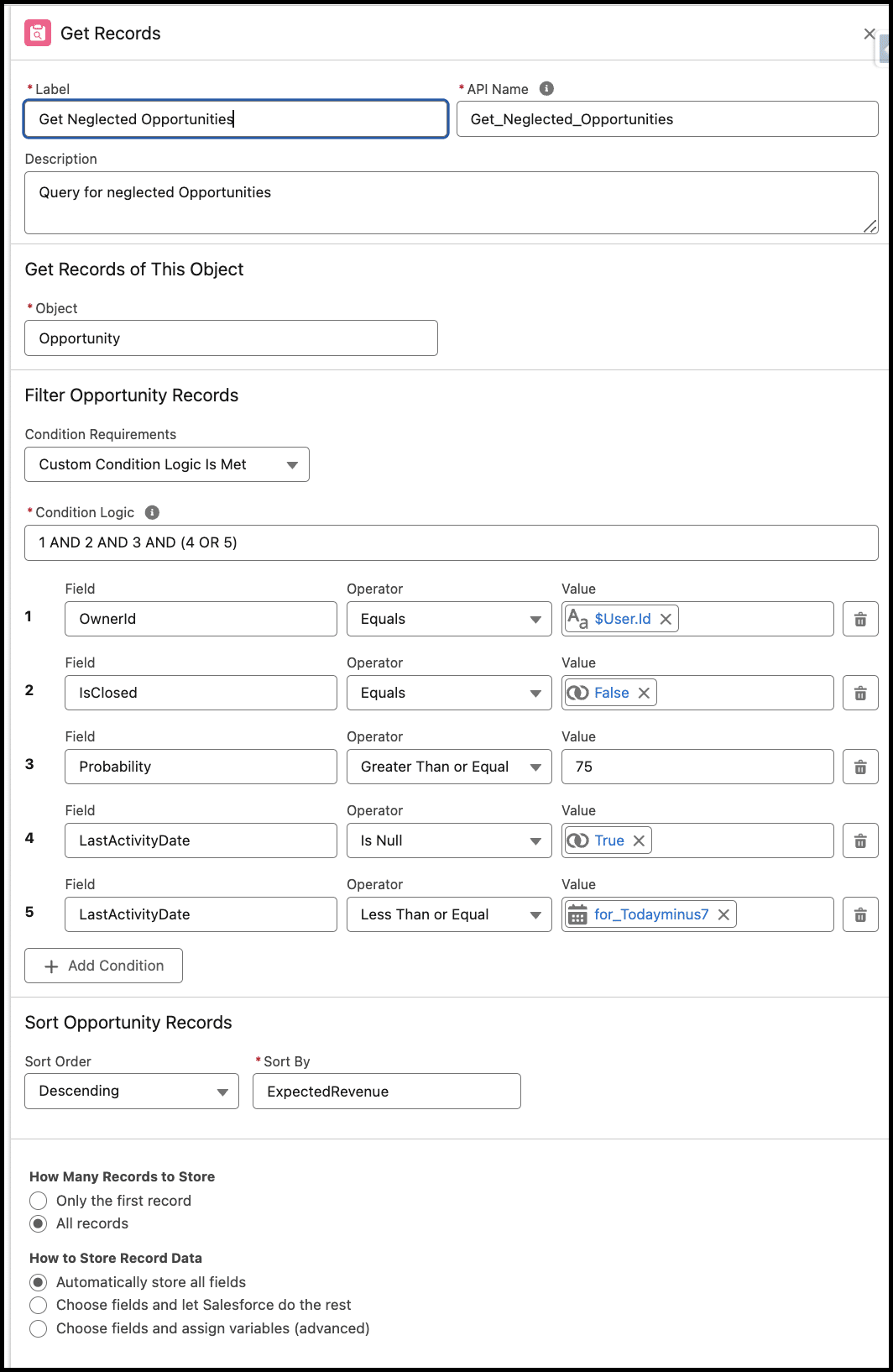 Get Records element to query for all neglected opportunities.