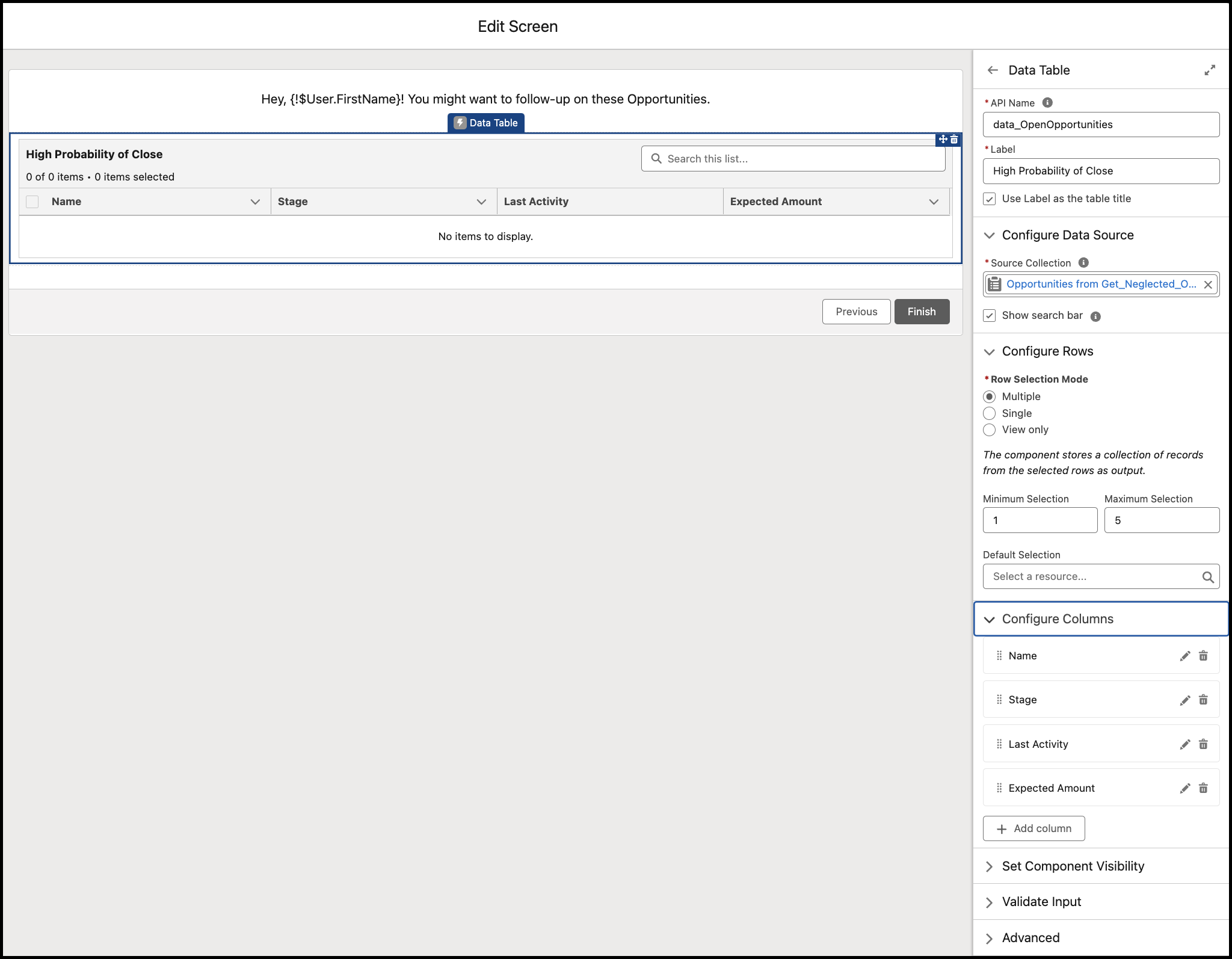 Screen element with a Data Table component and configuration panel to the right.