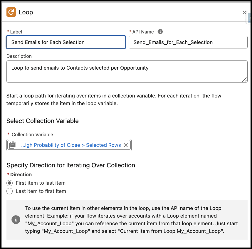 Loop element with a Collection Variable assigned with the records selected in the Data Table.