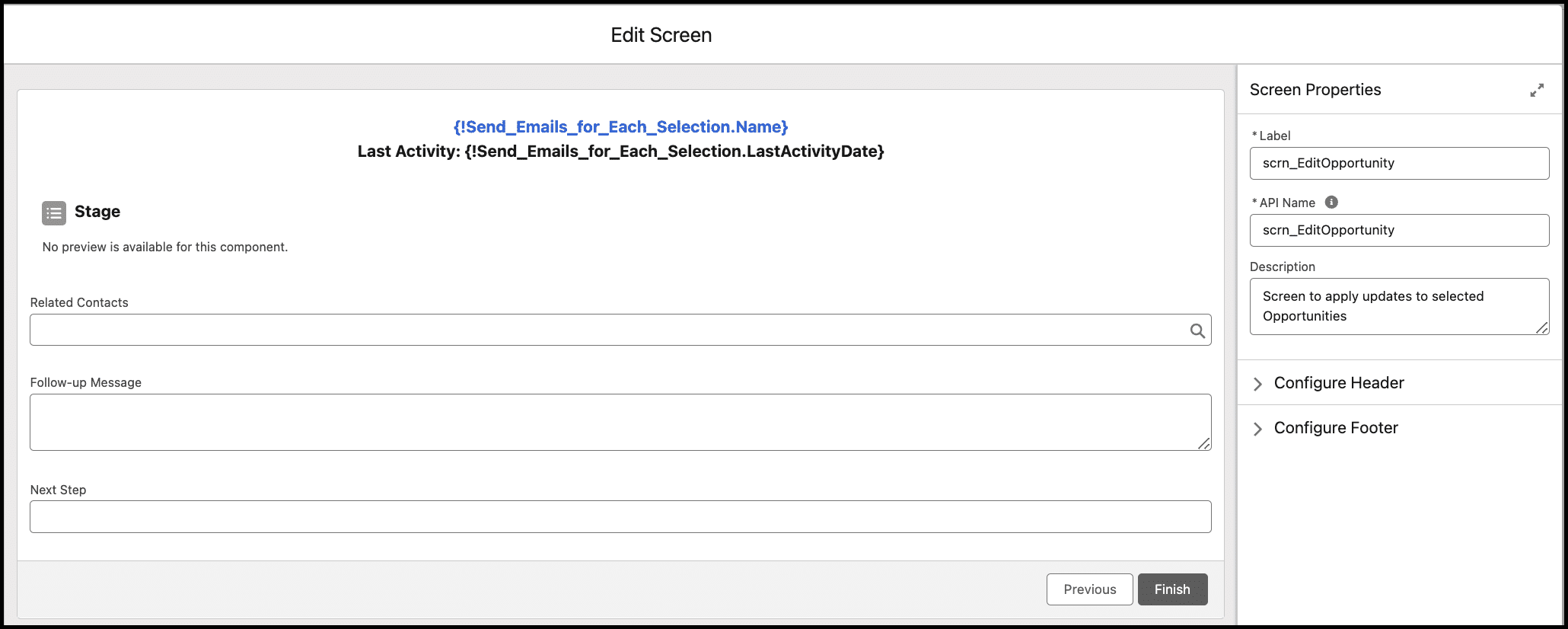 Screen element with variables for Stage, Related Contact, Follow-up Message, and Next Step, and configuration panel to the right.