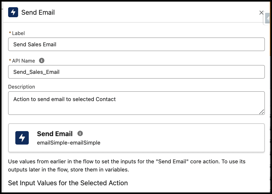 Send Email action screen with the description, “Action to send email to selected Contact”.