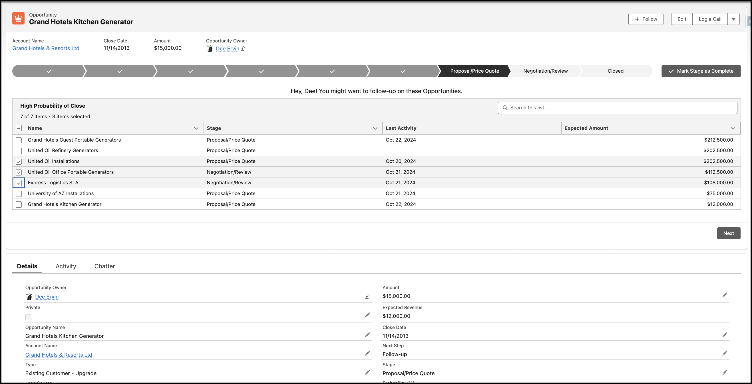 Opportunity record with Flow Screen component under the Sales Path near the top of the page showing the neglected opportunities, and three selected for actions.