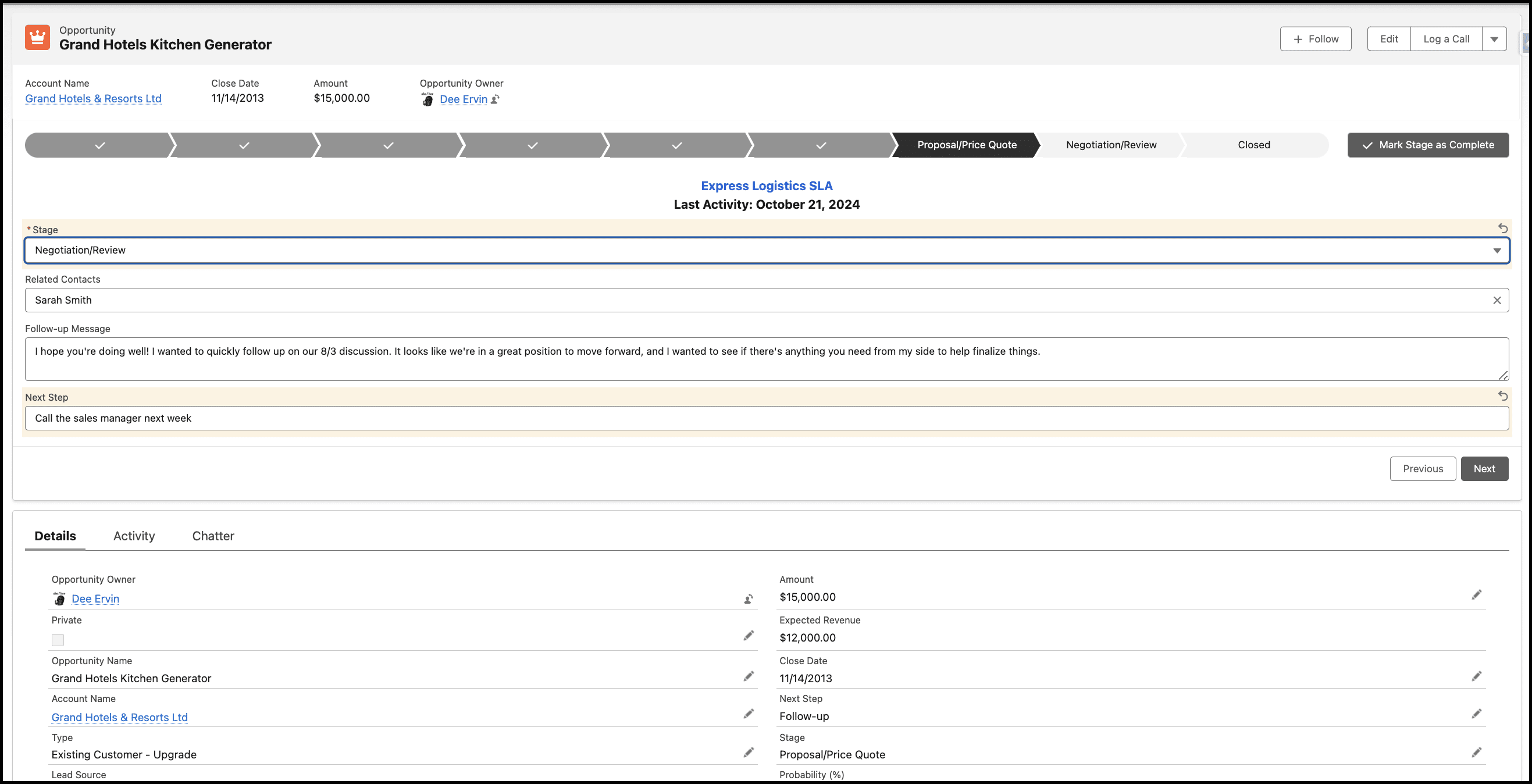 Opportunity record with Flow Screen component under the Sales Path near the top of the page showing the screen to edit each opportunity selected in the previous screen.