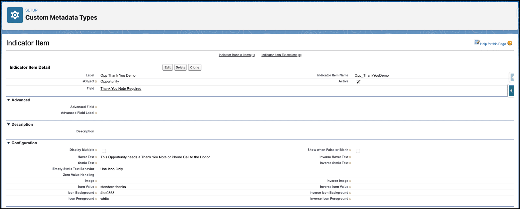 Custom Metadata Type for Opportunity Thank You indicator with details for the Hover Text, Icon Value, and Colors.