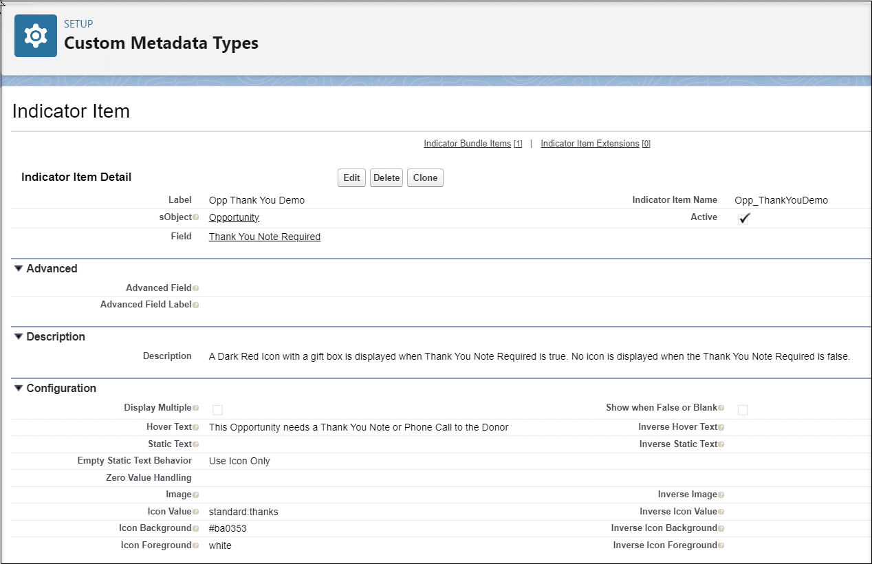 Custom Metadata Type for Opportunity Thank You indicator with details for the Hover Text, Icon Value, and Colors.