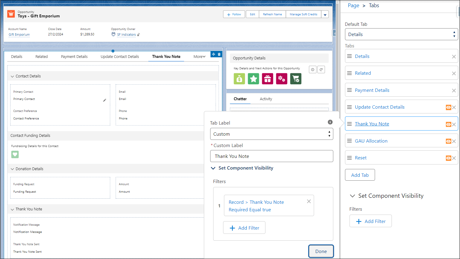 Lightning Page Layout showing conditional visibility on the tab where the fields related to sending the Thank You Note are shown.