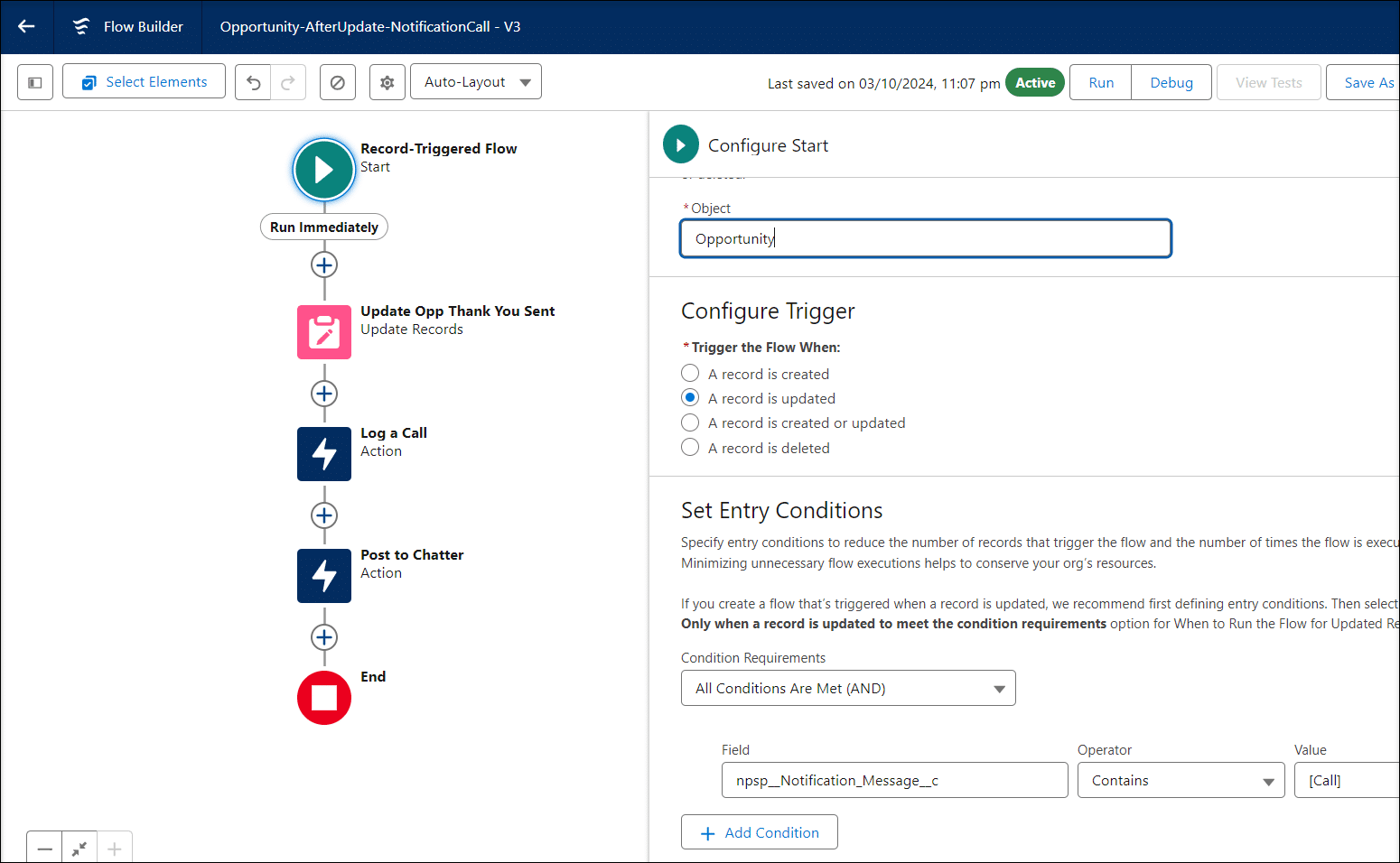 Record-triggered flow showing the trigger on Thank You Note message having the word [call] entered. This then creates a Log a Call action and posts to Chatter with the #ThankYou Topic.