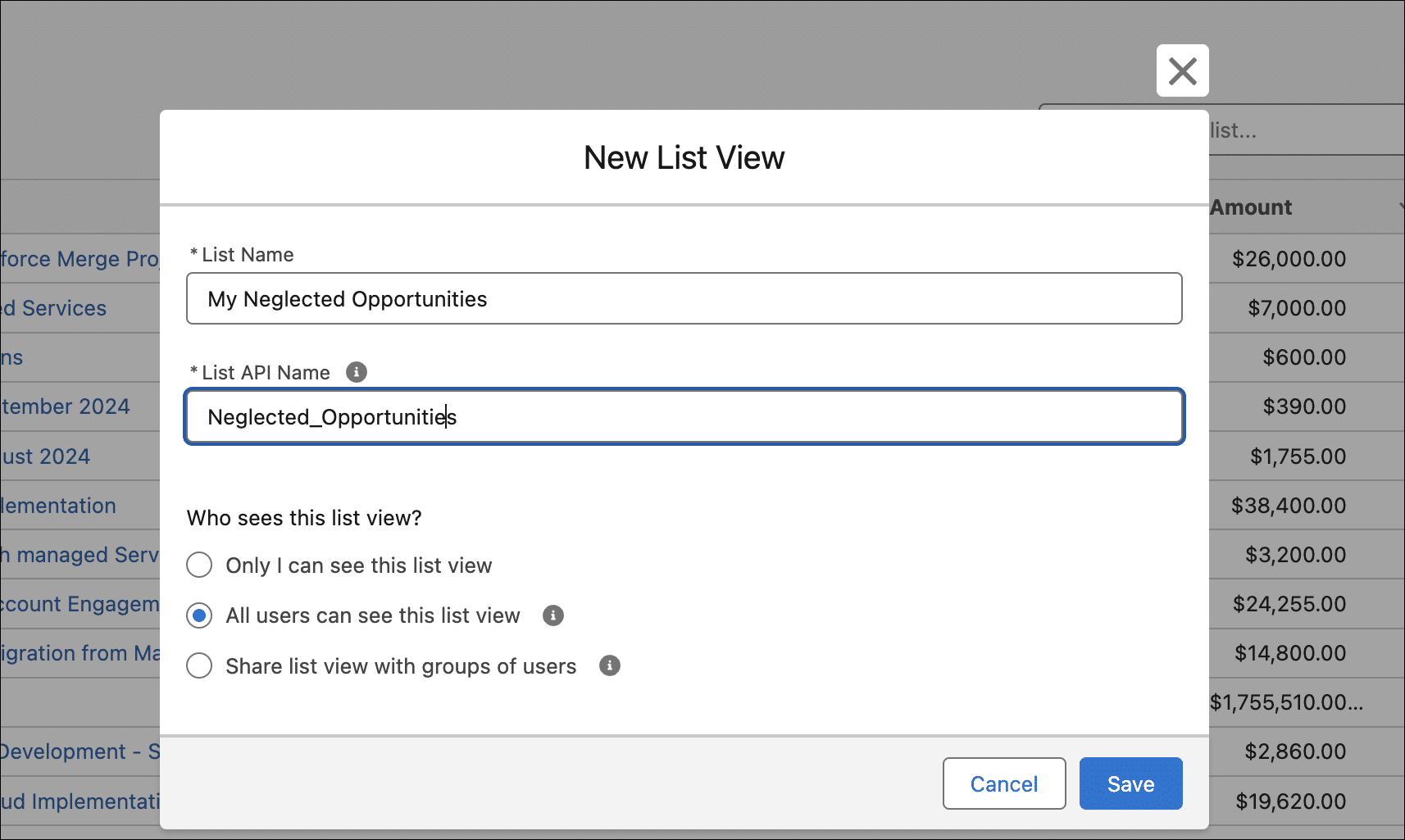 Creating a New List View for neglected opportunities.