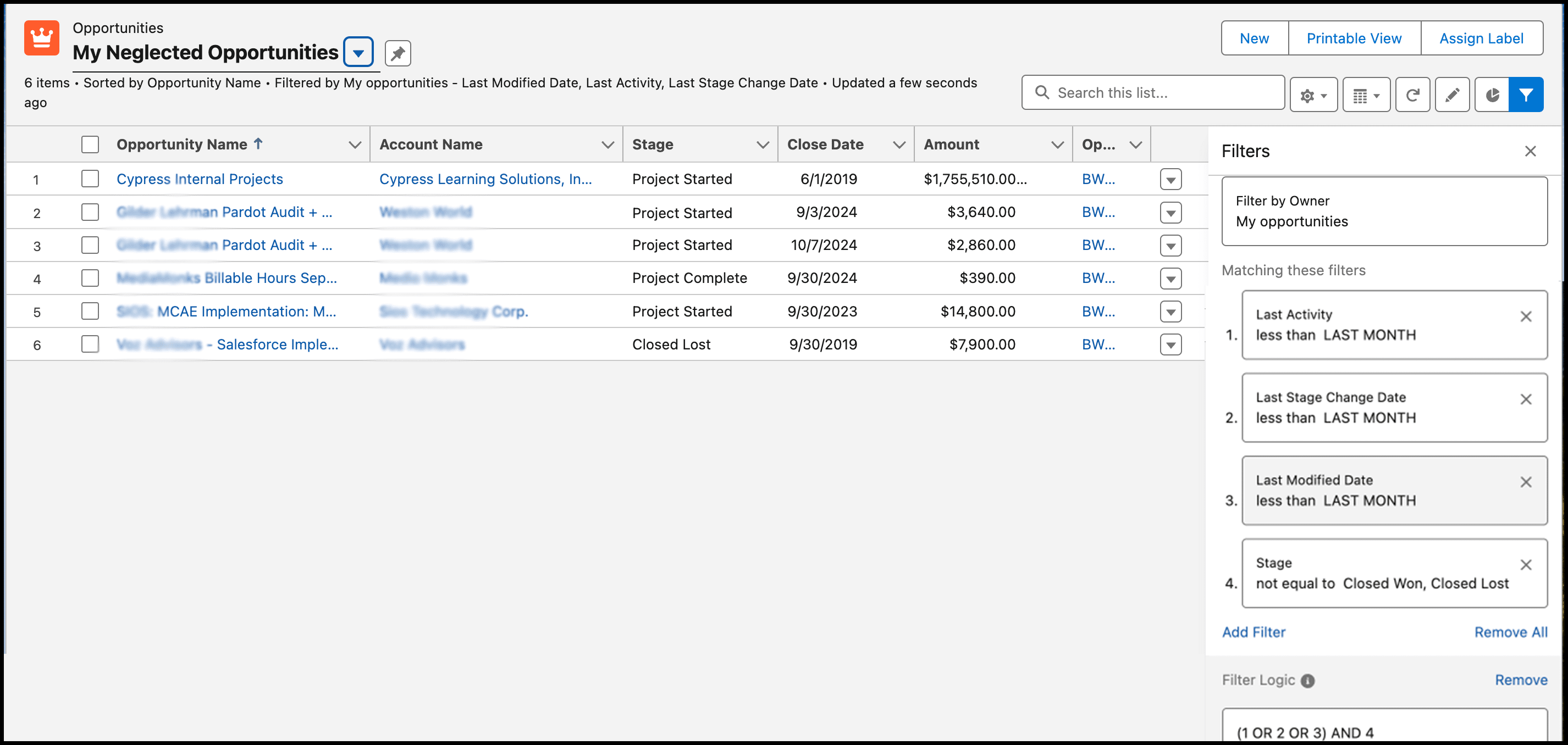 Opportunity list view for 'My Neglected Opportunities'.