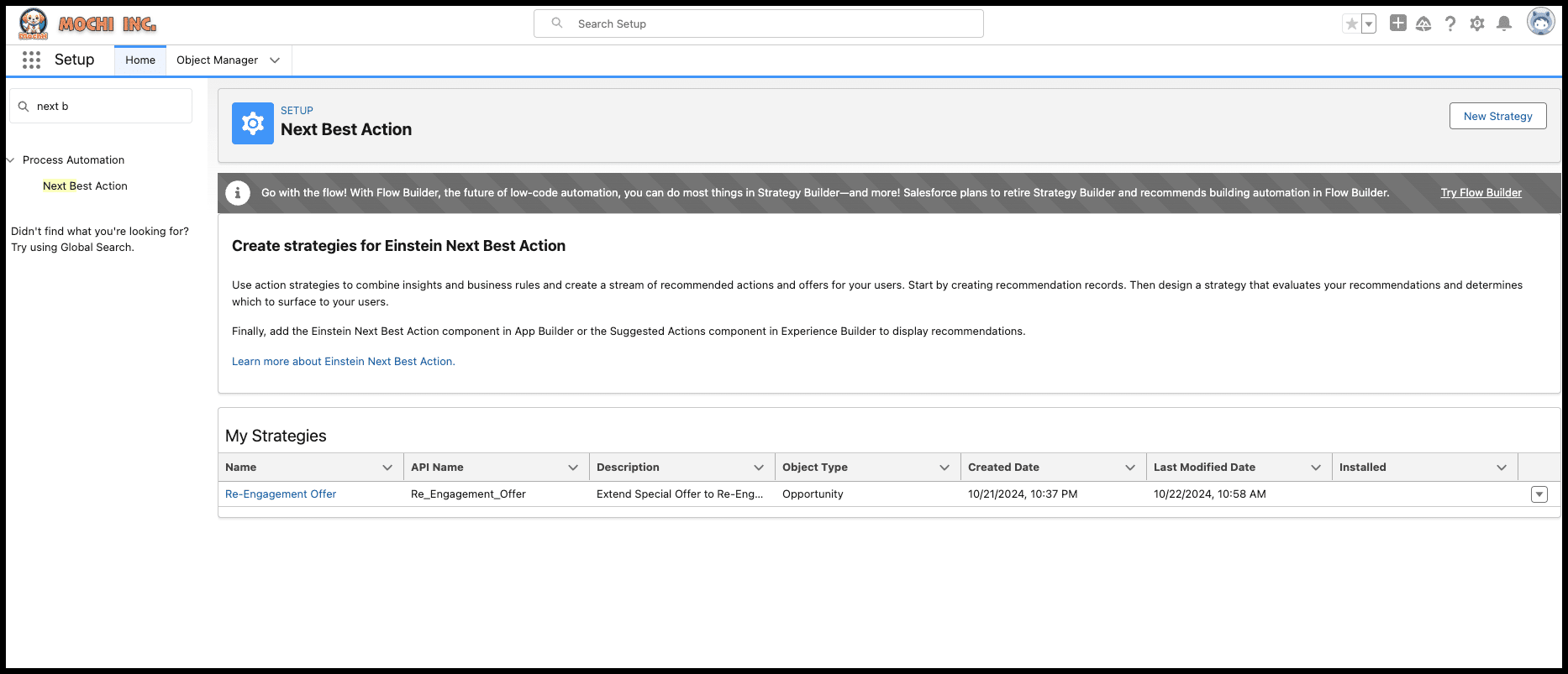 Managing strategies from the Next Best Action Setup page, under Process Automation in Setup.