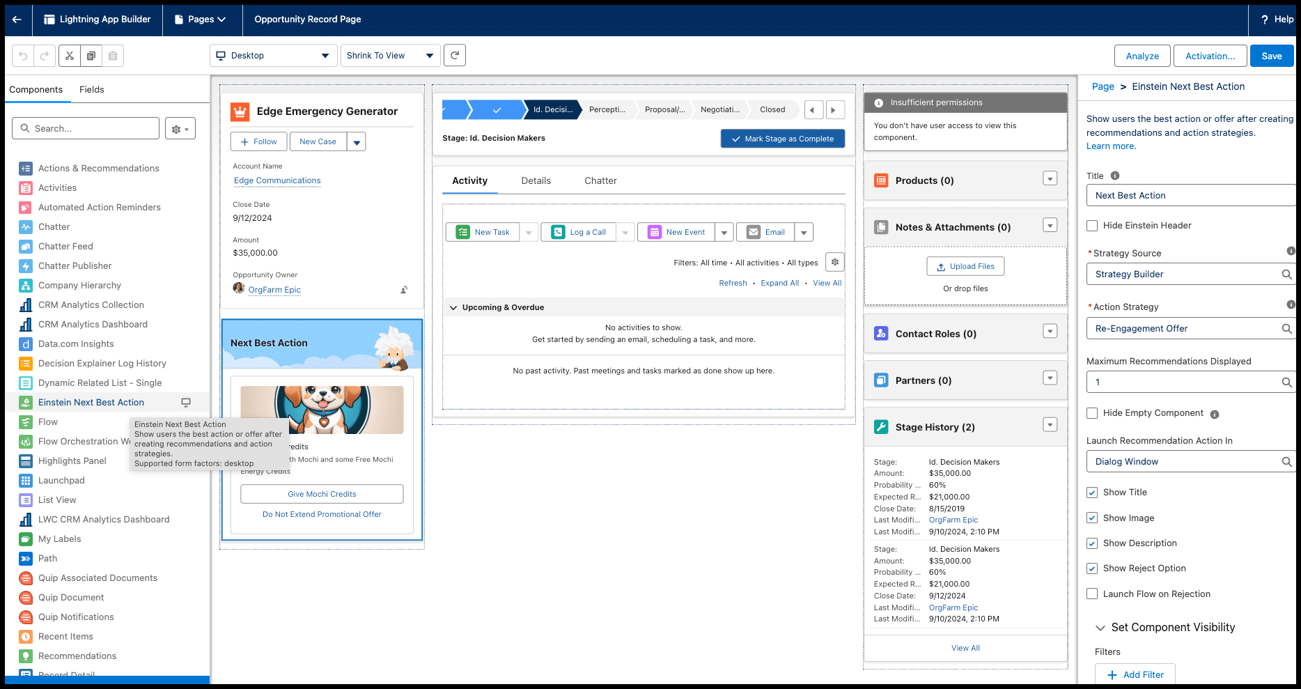 Adding Einstein Next Best Action to an opportunity Lighting page layout by dragging the component onto the page and selecting the Action Strategy.