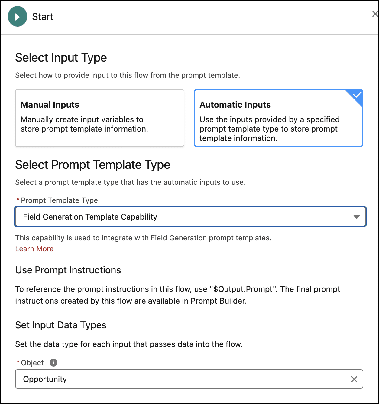 Details of the Start element for the template-triggered prompt flow.