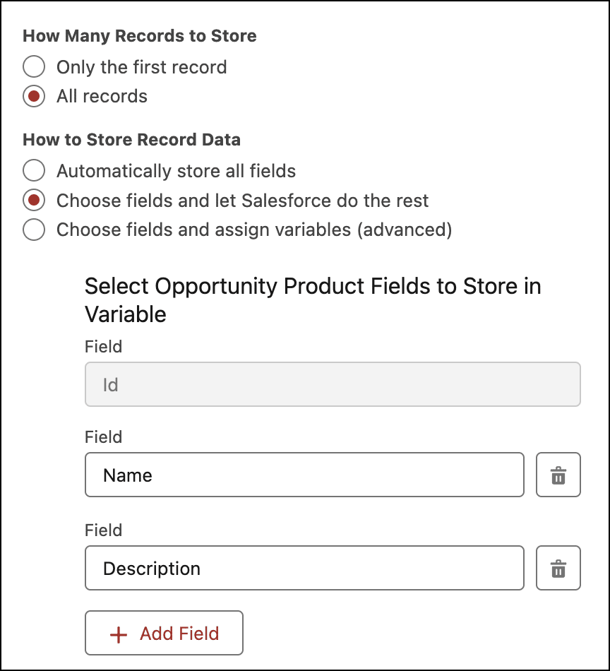 Continuation of Get Records for neglected opportunities; identifies the fields to store in the variable.