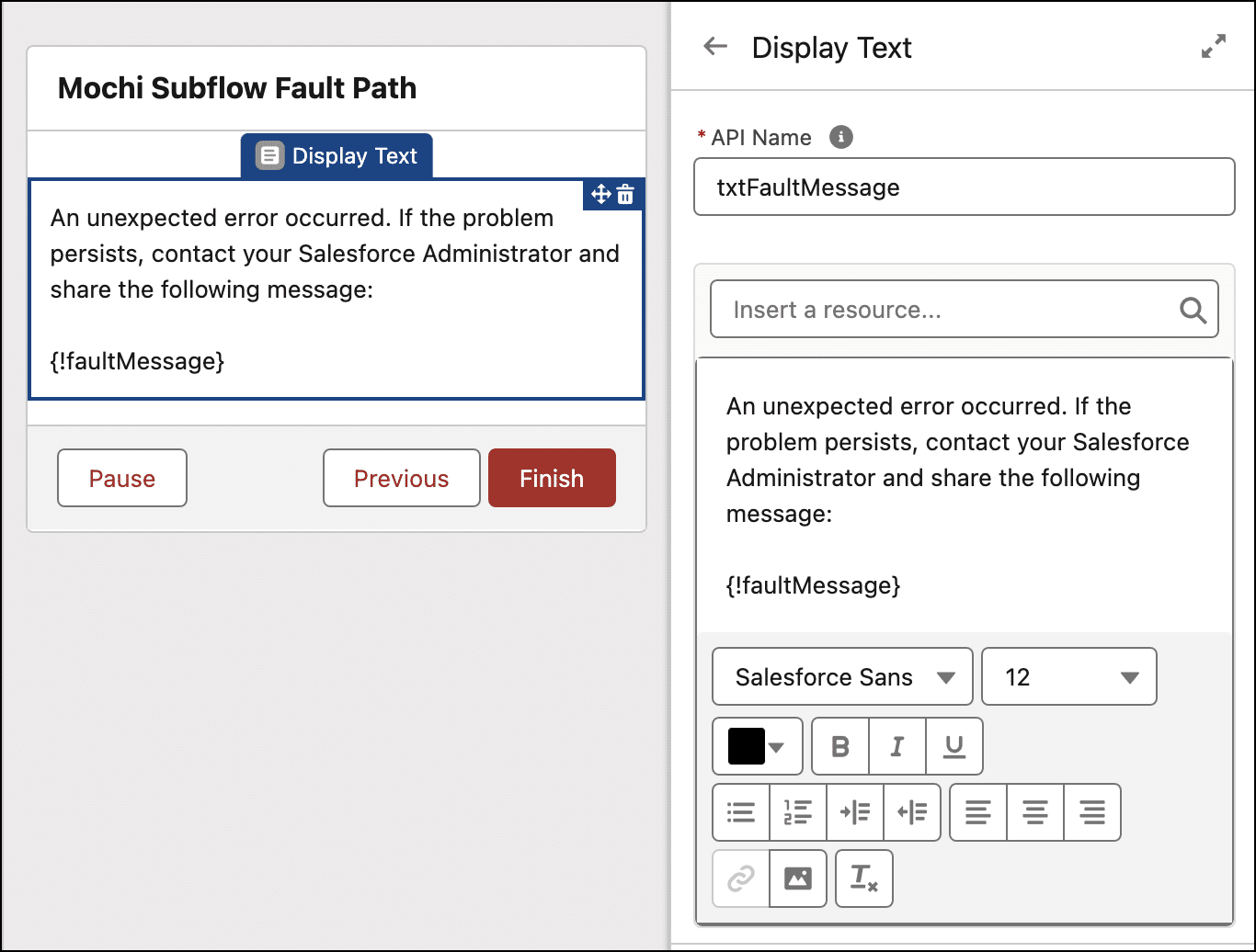 Screen element with faultMessage.