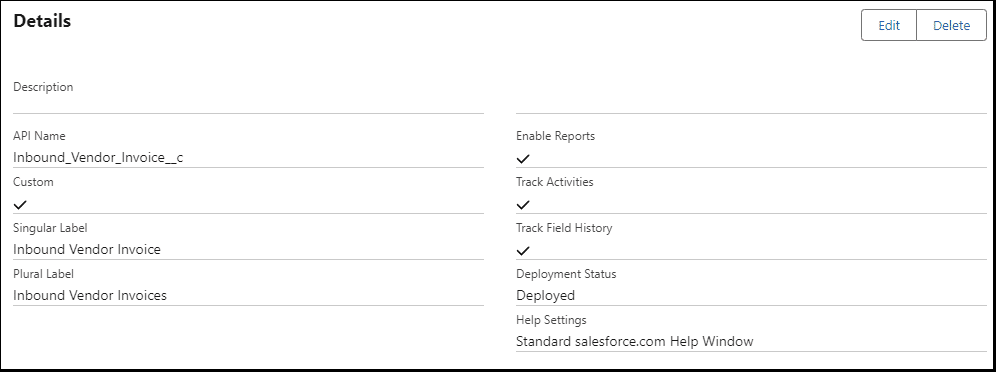 Object setup page for the Inbound Vendor Invoice, showing the API Name Inbound_Vendor_Invoice__c.