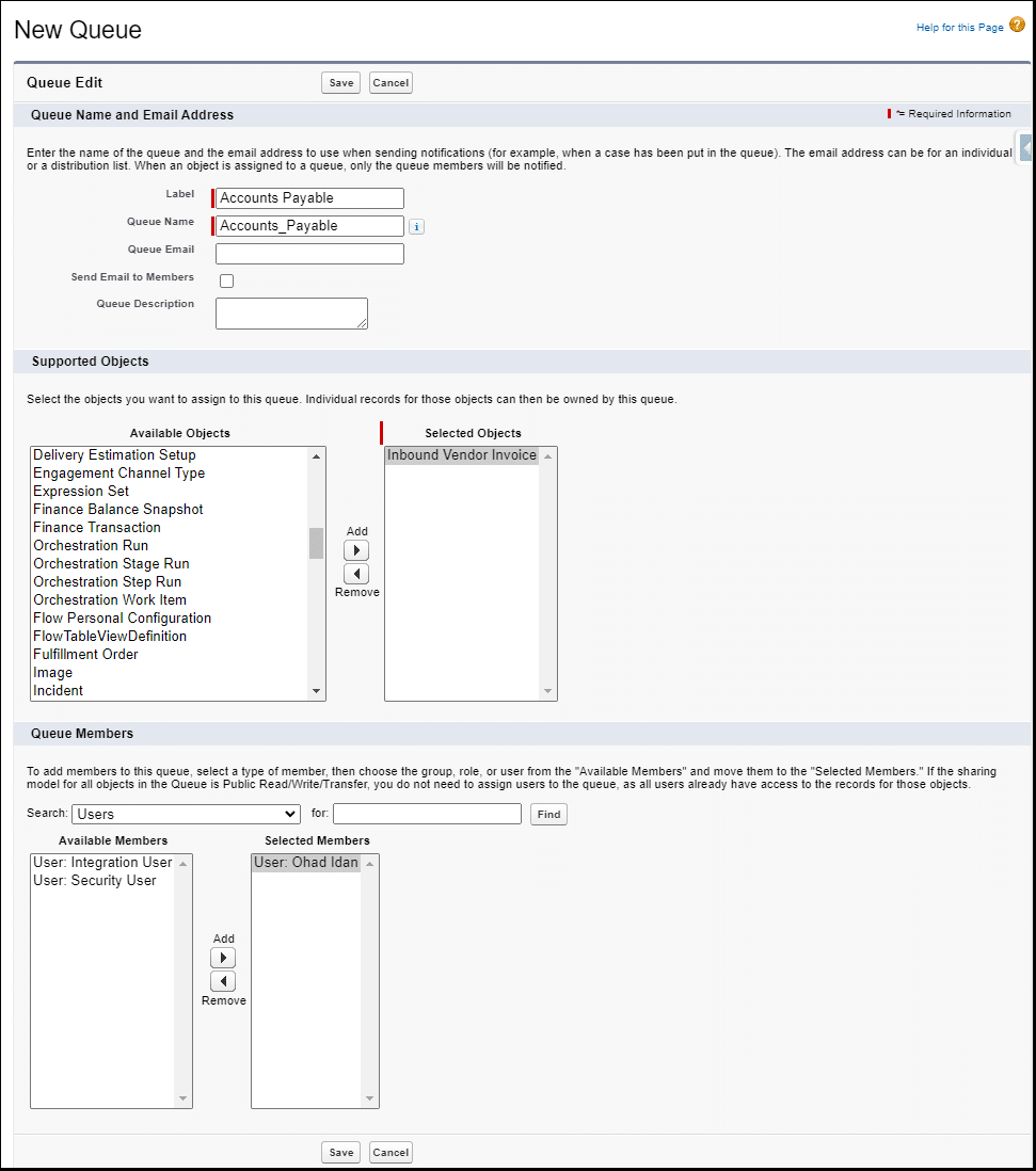 Queue setup tab, showing the Queue name as ‘Accounts_Payable’, the Inbound Vendor Invoice object added to it, and the members, only one in this case.