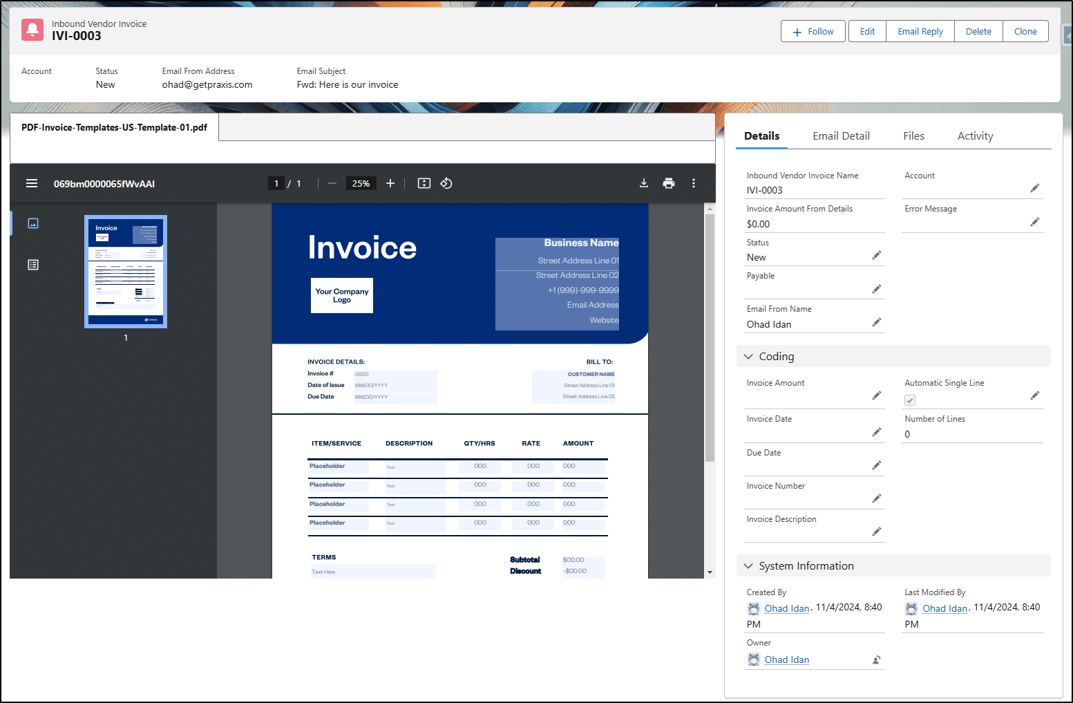 Lightning page displaying the PDF Viewer component and the email-related fields.