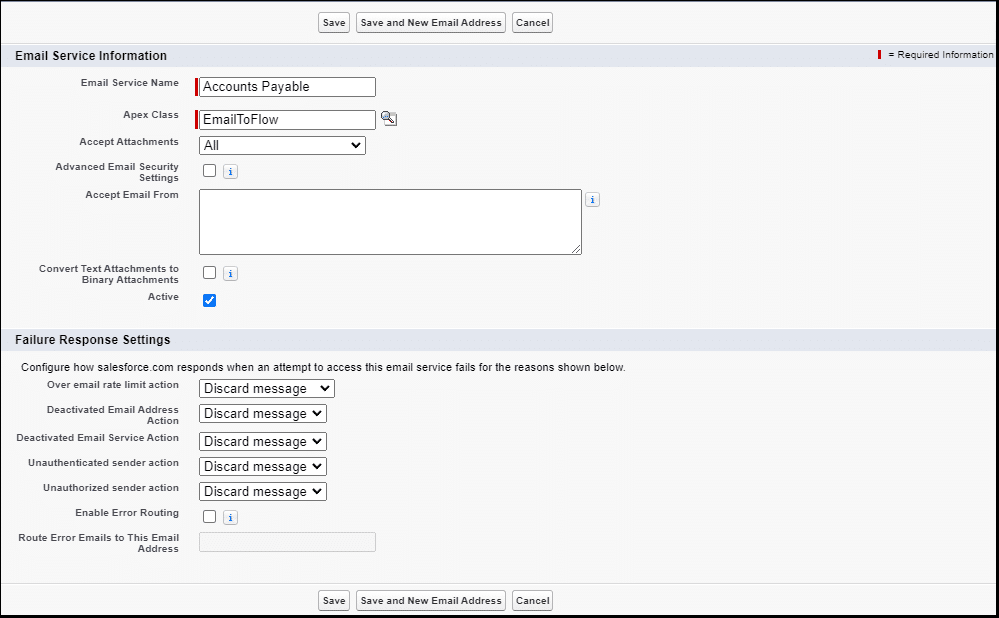 Email Service setup where the Apex class is selected.