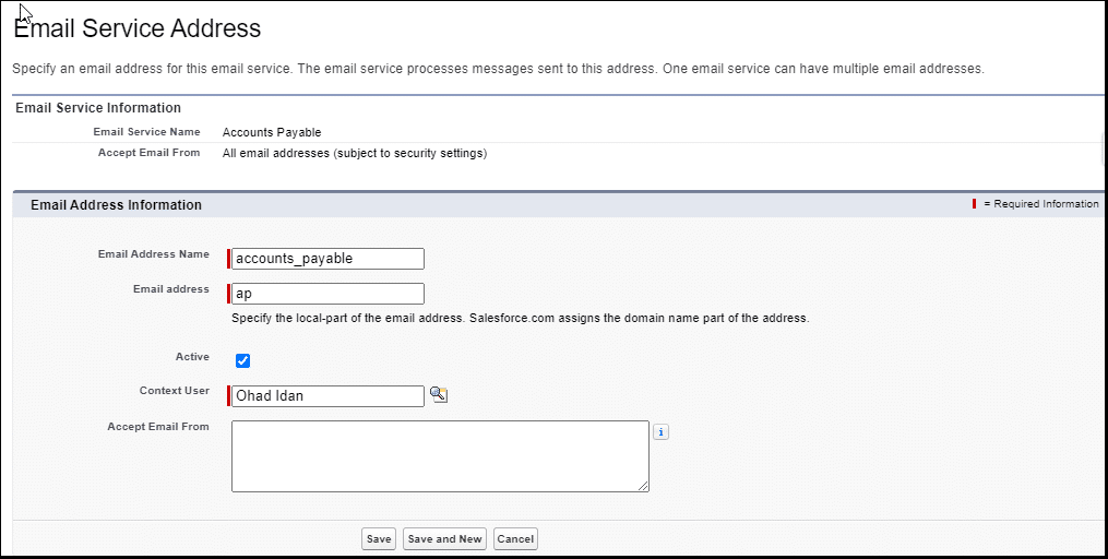 Email Service Address where the custom email address is set up.