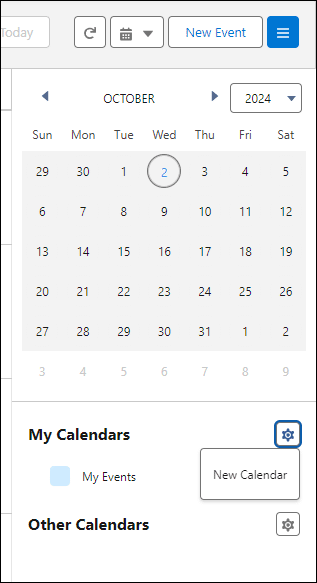 My Calendars gear clicked to show New Calendar button.