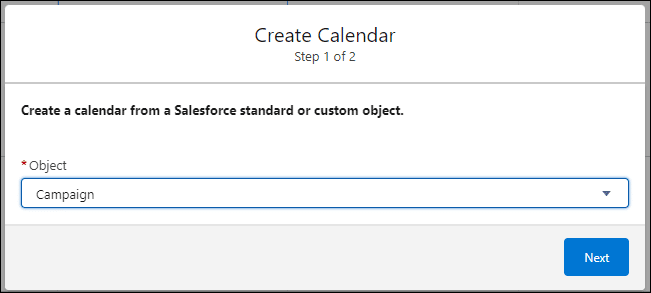 First step of the Create Calendar pop-up.]