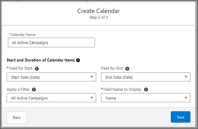 Second step of the Create Calendar pop-up.