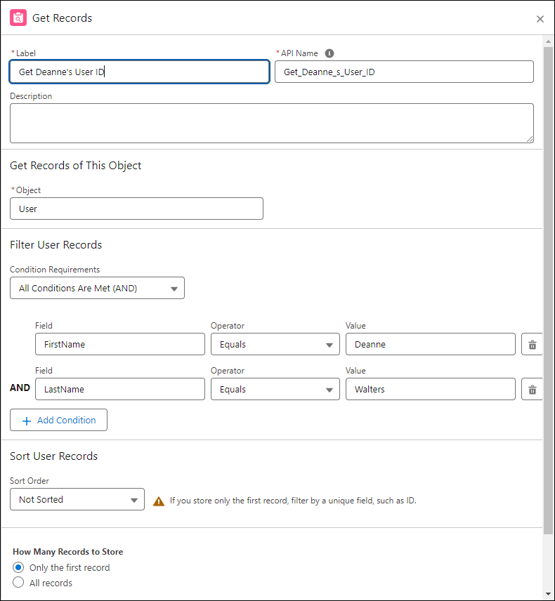 Flow Get Records element page for user filtering by first and last name.