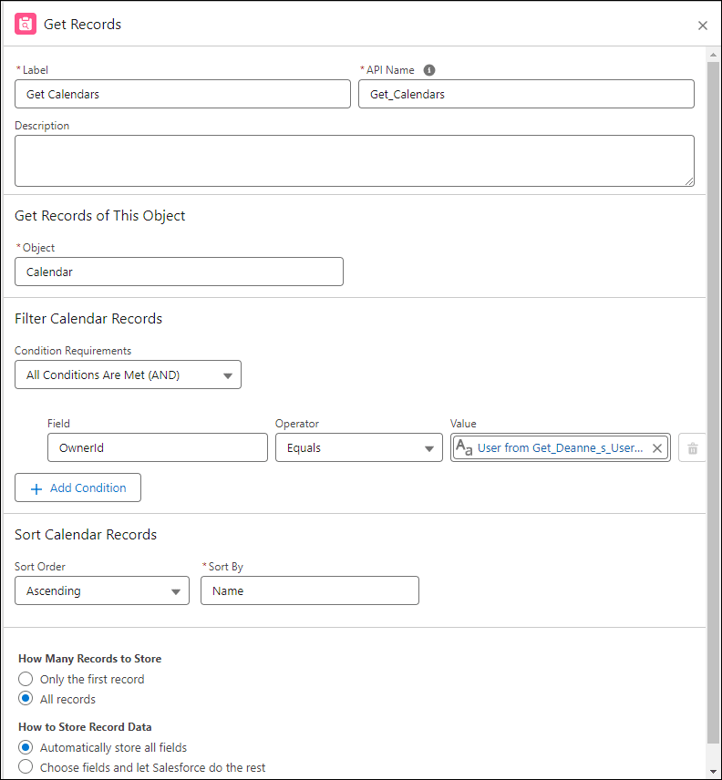 Get Records element page for Calendar.