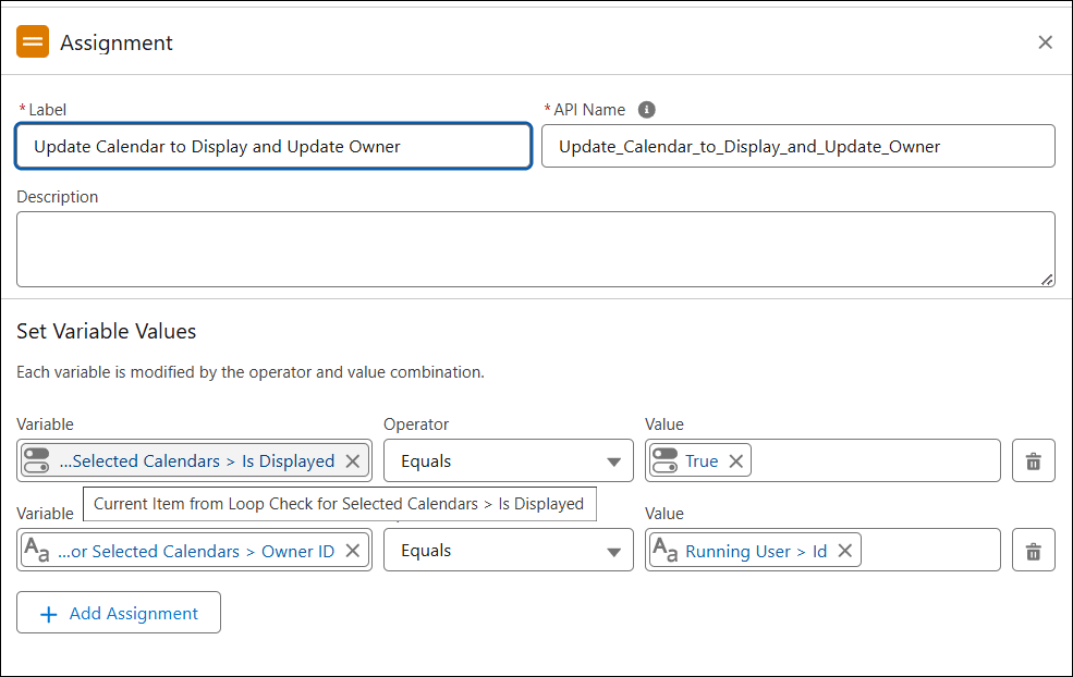 Assignment element with above assignments.