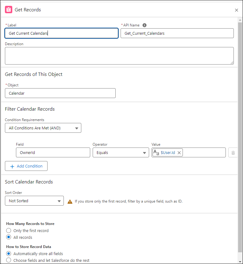 Flow Get Records element for Calendar filtering on OwnerId.