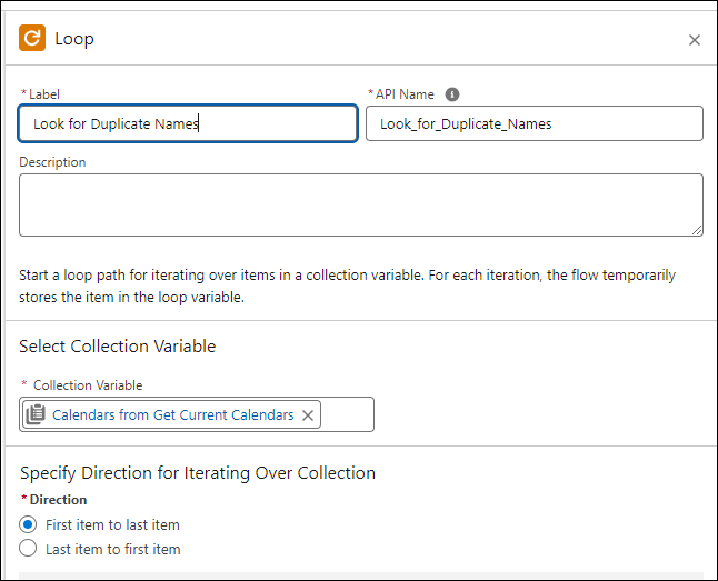 Loop element page named Look for Duplicate Names with Calendars from Get Current Calendars in Collection variable.