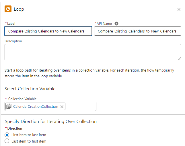 Loop element page named Compare Existing Calendars to New Calendars with CalendarCreationCollection in Collection variable.