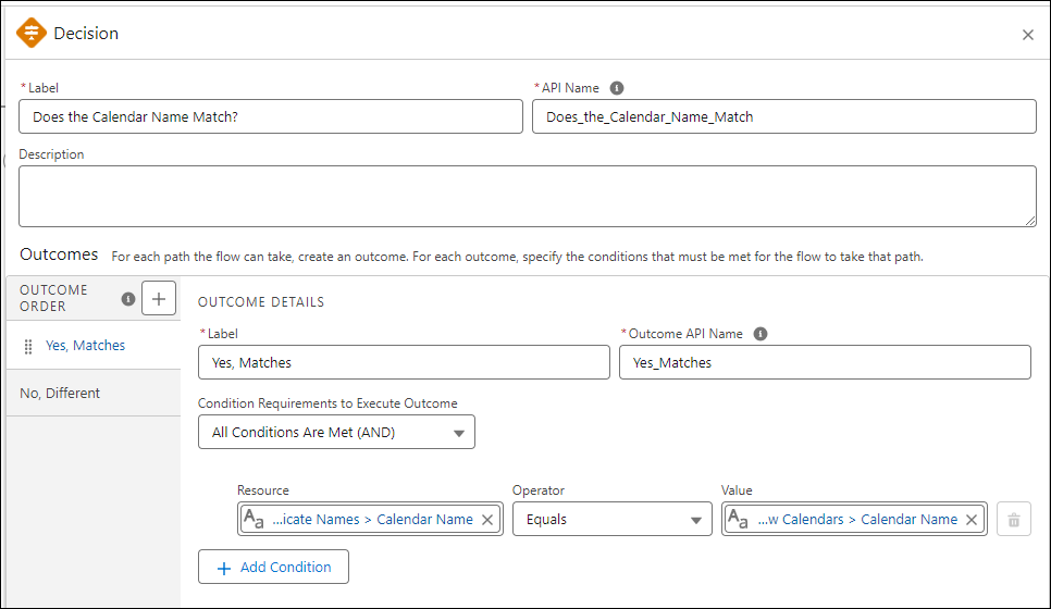 Decision element page with outcome ‘Yes, Matches’ with the operator as equals.