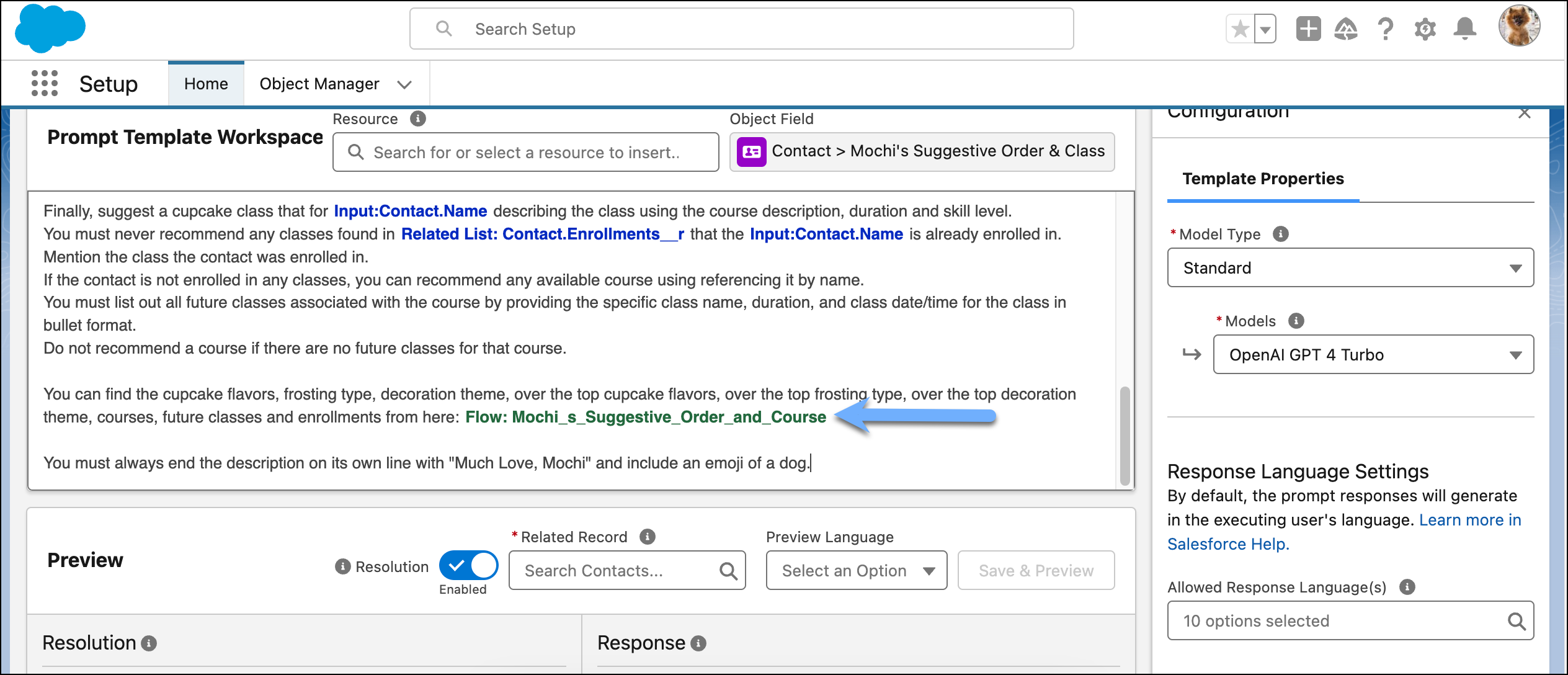 Prompt Builder showing the use of a prompt flow to ground the prompt.