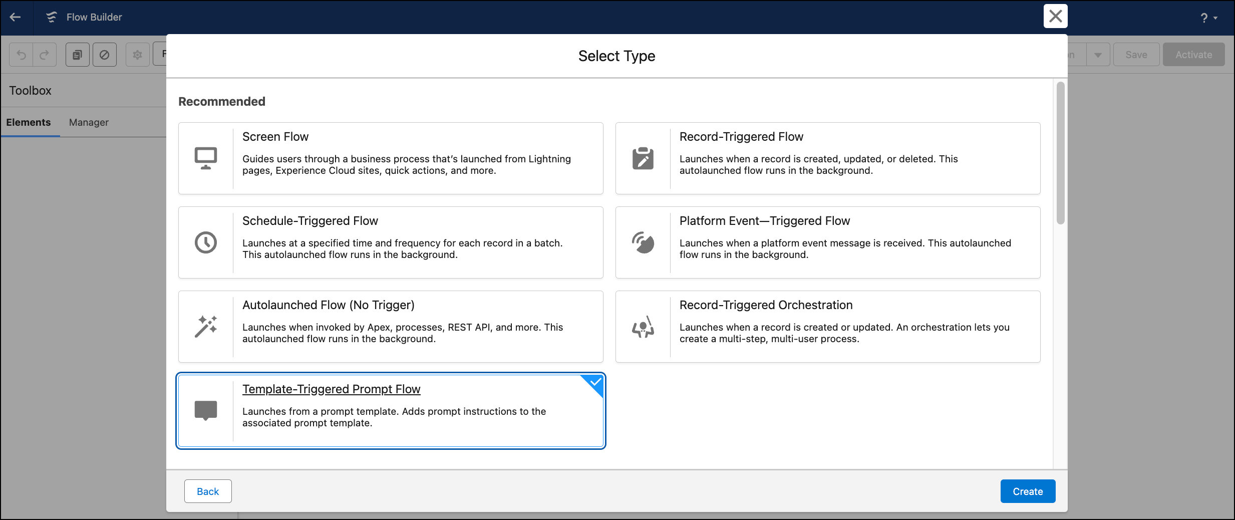 Flow Type selection screen during the flow creation with Template-Triggered Prompt Flow selected.