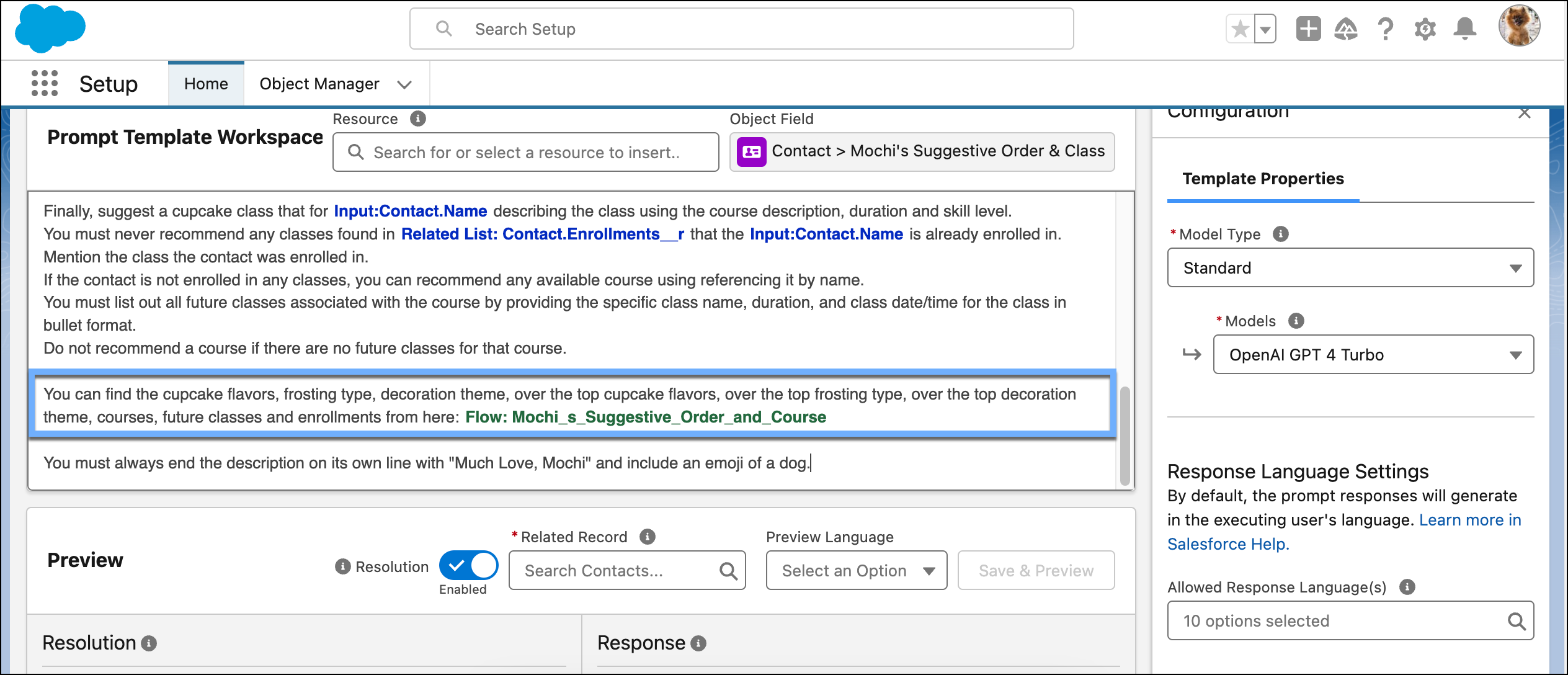 Highlighted section of the prompt template where a flow is needed to retrieve the data to ground in the prompt.