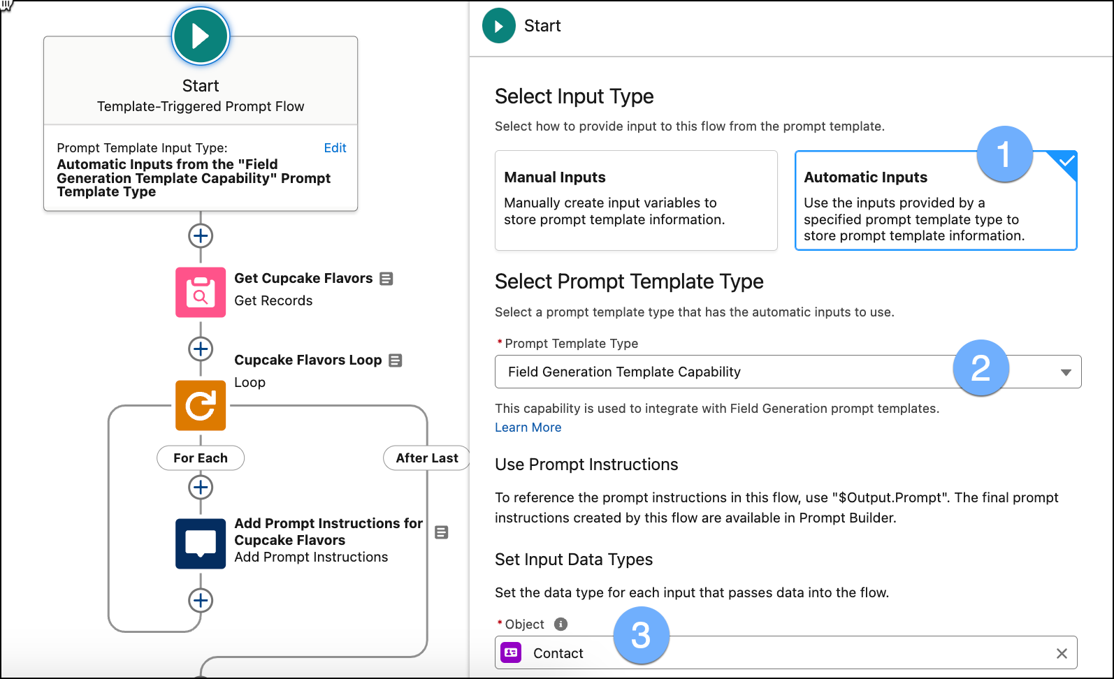 Start element of the prompt flow where I specify Automatic Inputs, Field Generation Template Capability, and the Contact object.