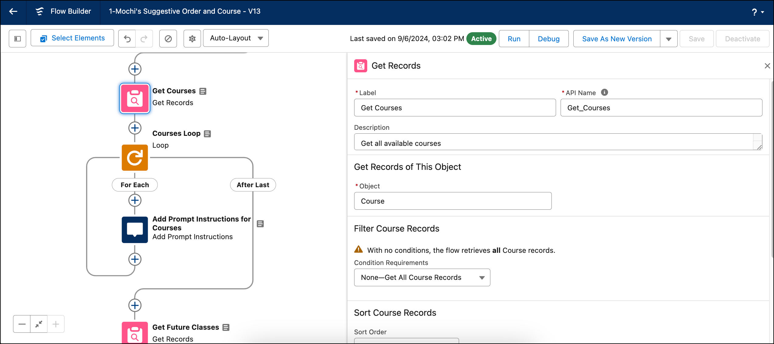 Get Records element for Courses in the prompt flow.