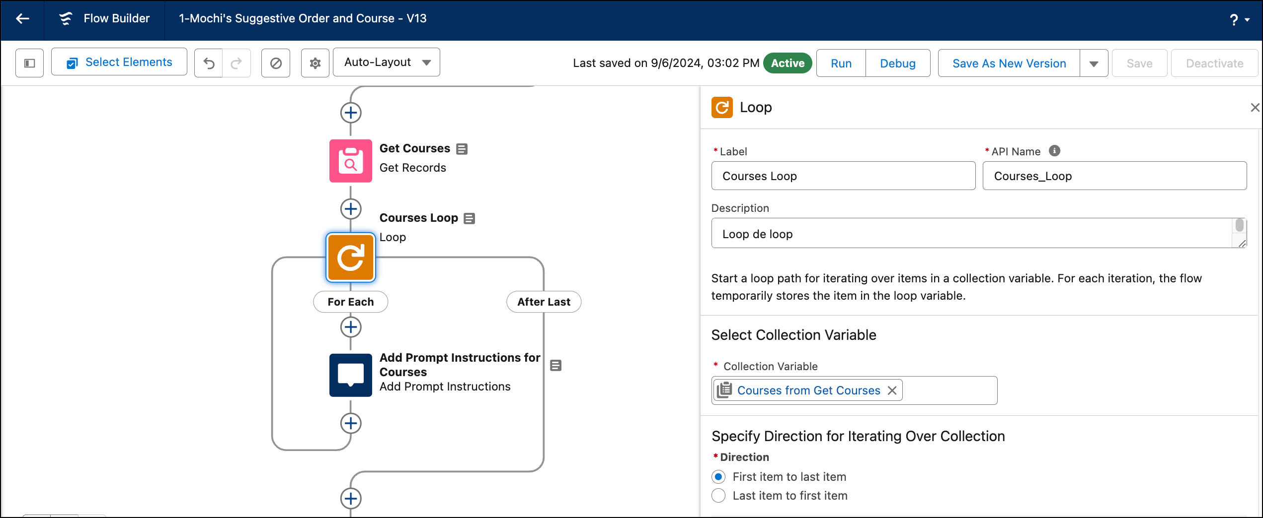 Courses Loop element from the prompt flow.