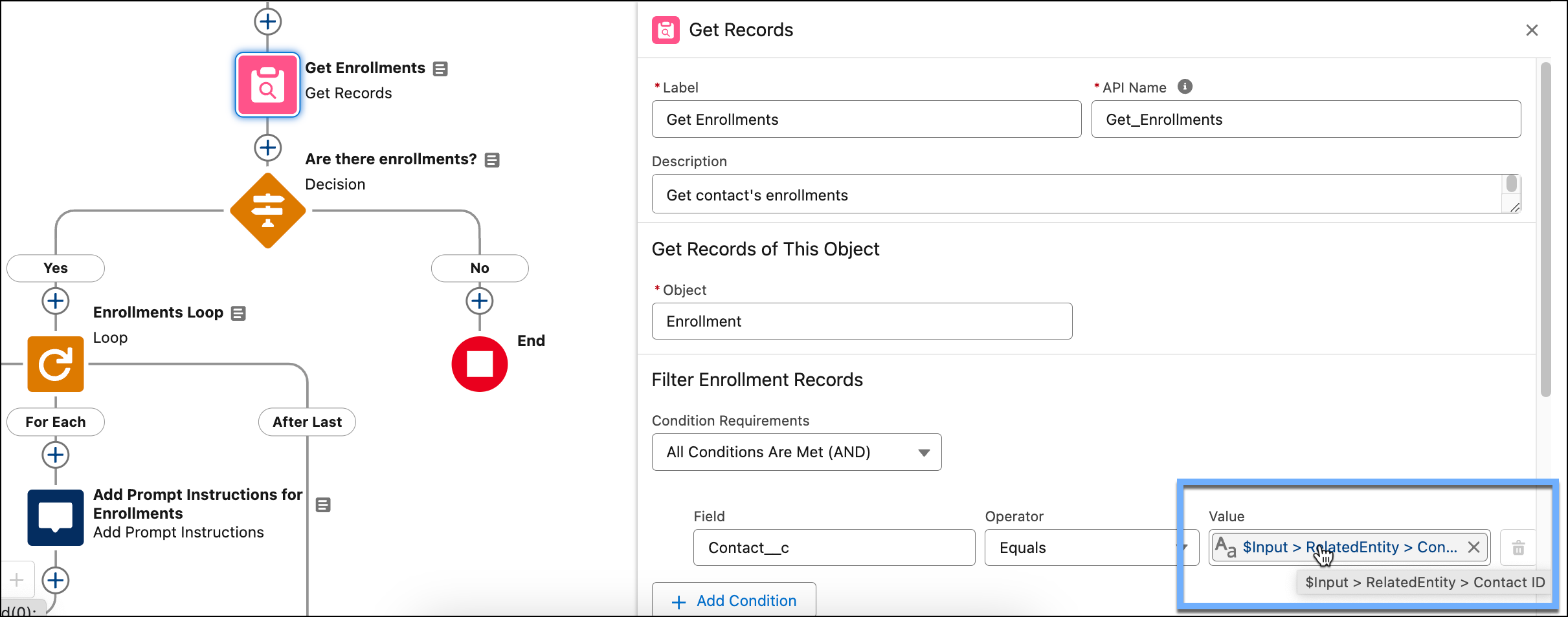  ‘Get Enrollments’ Get Records where the records are filtered, where the contact is the contact ID passed from the prompt template.