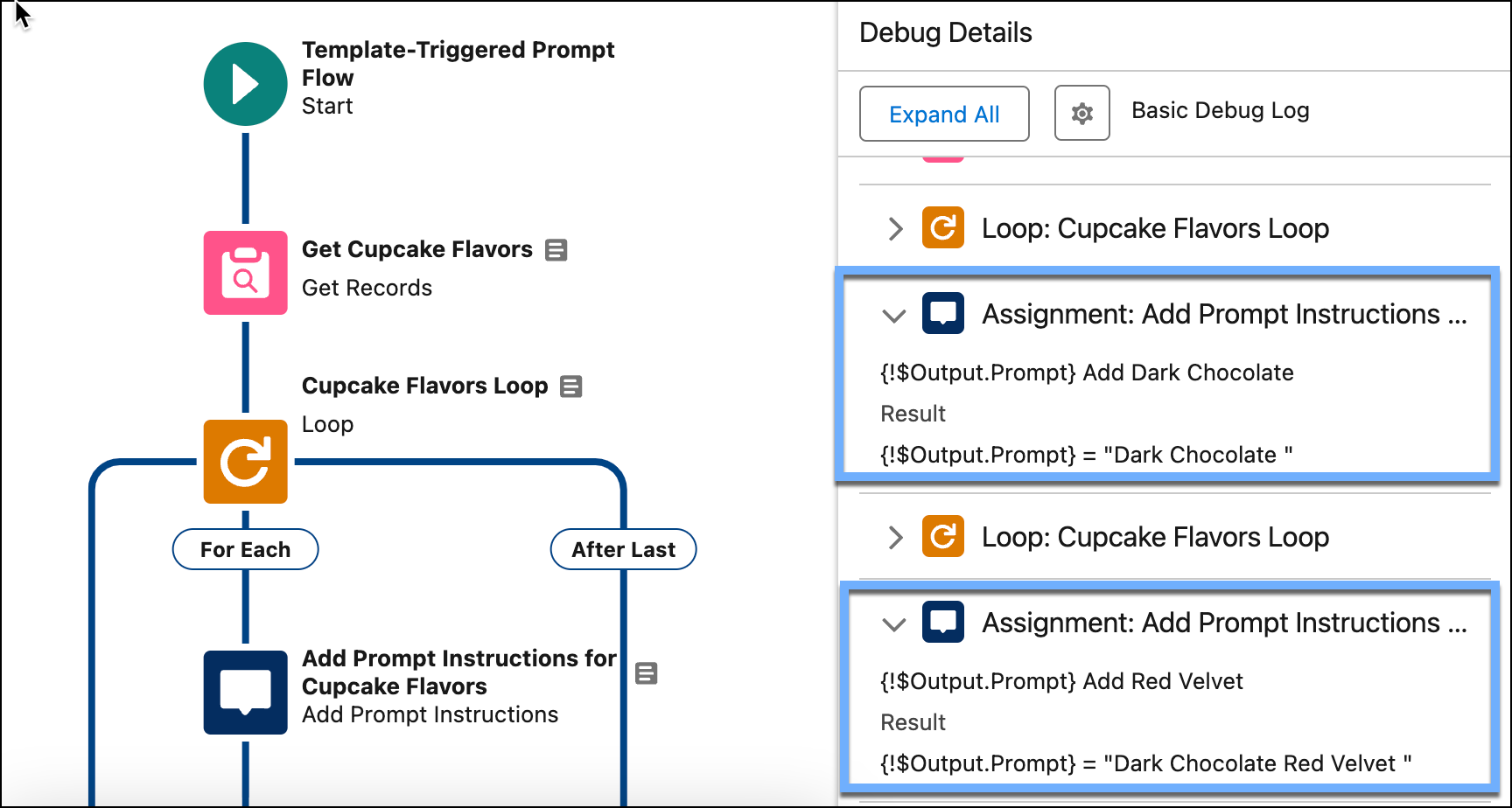 Debug details showing the Add Prompt Instructions action writes to the Prompt output variable in the prompt flow.