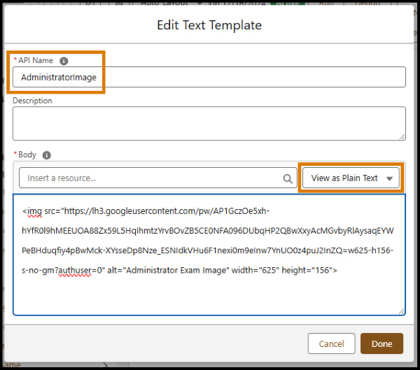 How to view HTML code in plain text format within a text template editor. The interface shows an HTML img tag in the body field and highlights the 'View as Plain Text' dropdown option, illustrating how to edit HTML content directly.