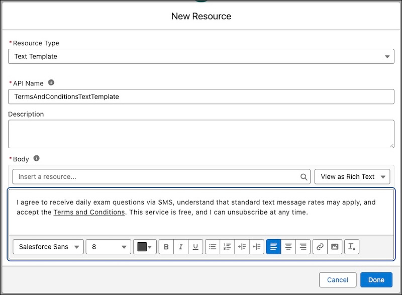 A text template creation screen showing terms and conditions content in a rich text editor. The template is named 'TermsAndConditionsTextTemplate' and includes basic text formatting tools.