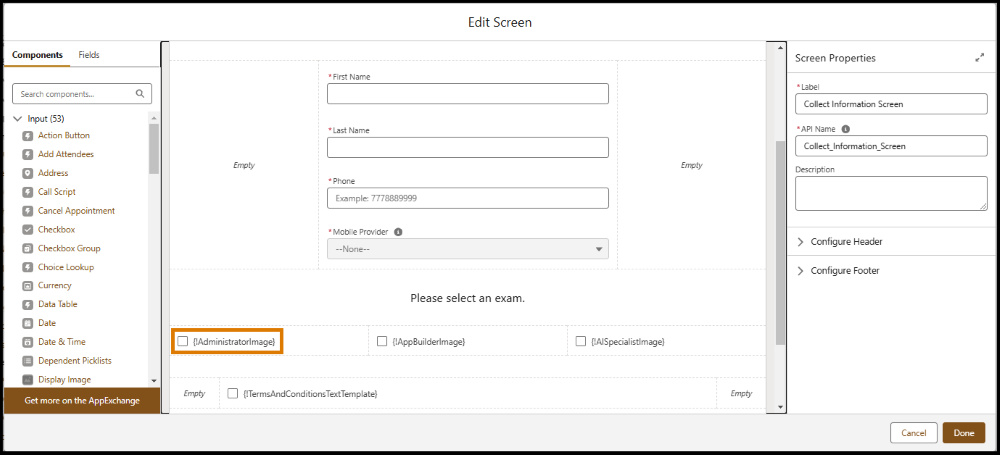 A checkbox labeled {!AdministratorImage} in an exam selection section of a Screen element