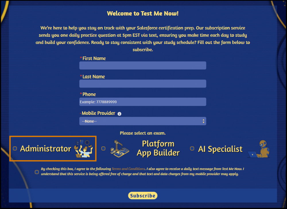 Final implementation view of a 'Test Me Now!' subscription form showing how the previously configured 'AdministratorImage' HTML element renders as a styled exam selection option. This view represents the final user-facing interface of the flow-building process.