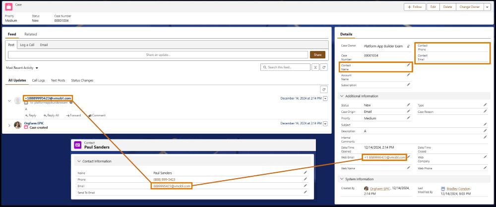 A case record with an overlay of a contact record. Sections are highlighted to show that the emails do not match exactly.