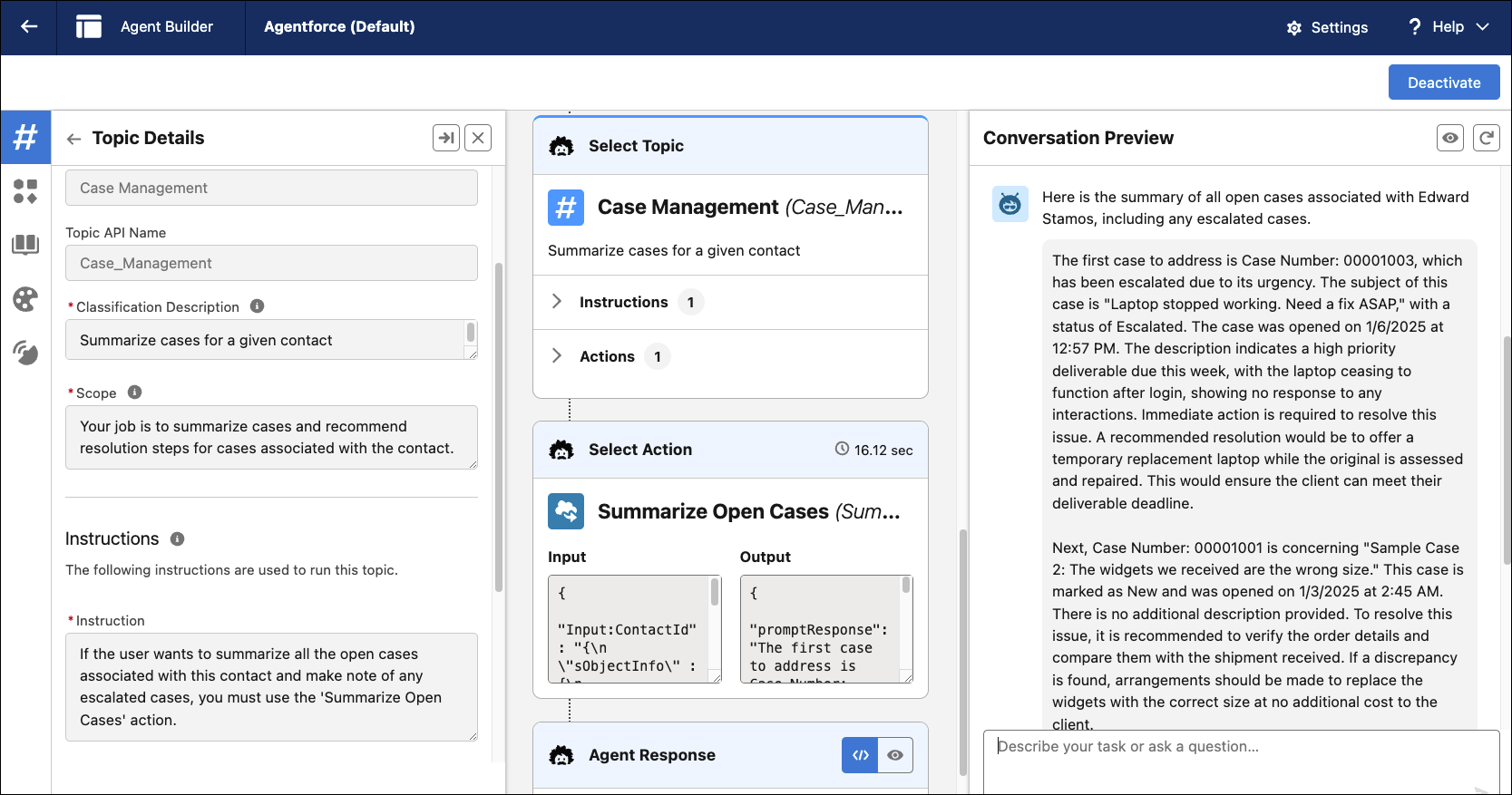 Employee agent in Agent Builder with custom prompt template agent action.