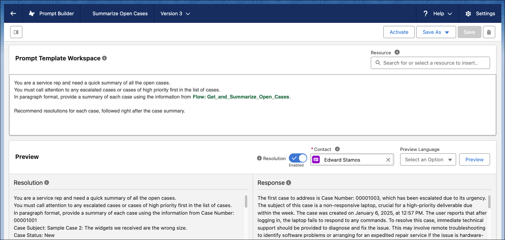 Configured prompt template Summarize Open Cases.